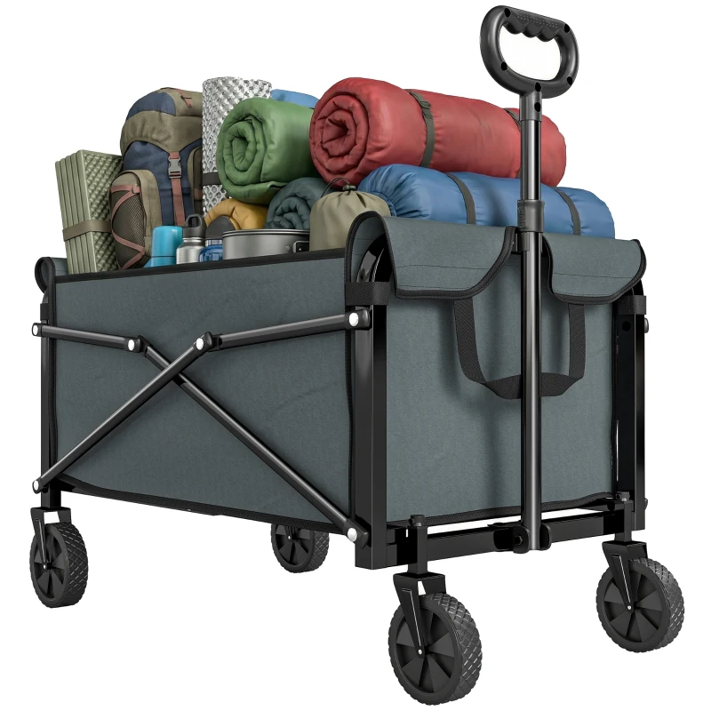 Outsunny 81L Festival Trolley on Wheels, Compact Garden Folding Trolley Cart with Adjustable Handle 80L, Grey