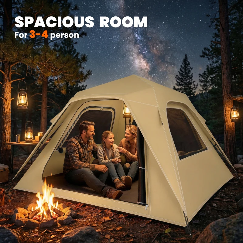 Outsunny Pop Up Tent 3000mm Waterproof Camping Tents with Mesh Windows 3-4 People Khaki