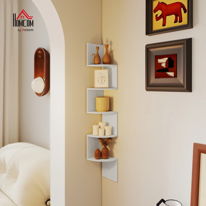 HOMCOM Étagère d'angle Murale de Rangement Forme Zigzag 20L x 20l x 126H cm 5 Niveaux Bois Blanche