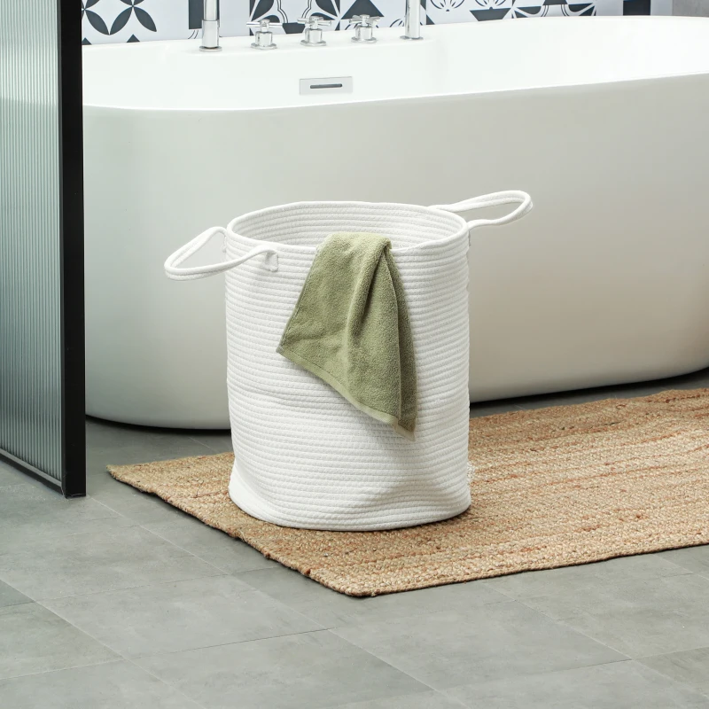 HOMCOM Panier à linge 36L, corbeille à linge en coton avec poignées pliable, 38 x 45cm, blanc crème