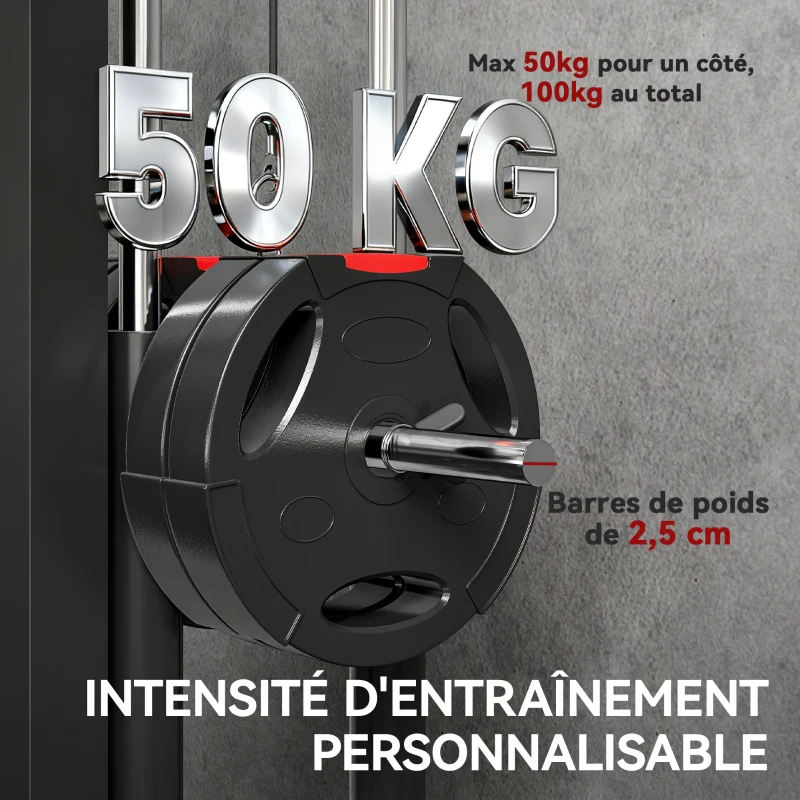 SPORTNOW Appareil de musculation mural, station de traction, poulie haute et basse, 2 poulies, en acier, 75 x 16 x 192 cm, noir(m-6)