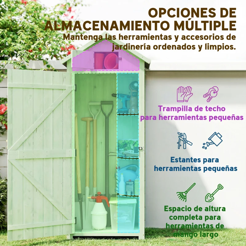 Outsunny Armario de Jardín de Madera Armario de Almacenamiento Cobertizo de Jardín con Estantes 77x54,2x179 cm Verde