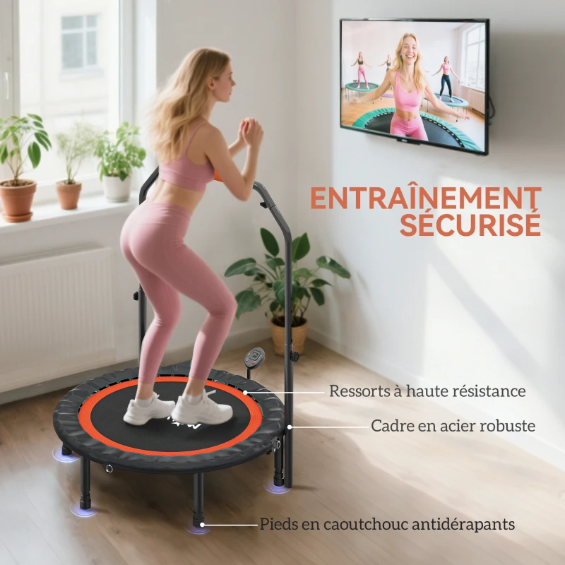 HOMCOM Trampoline de fitness gymnastique avec poignée réglable, pliable, 6 pieds, 28 ressorts Ø 102 cm, noir rouge