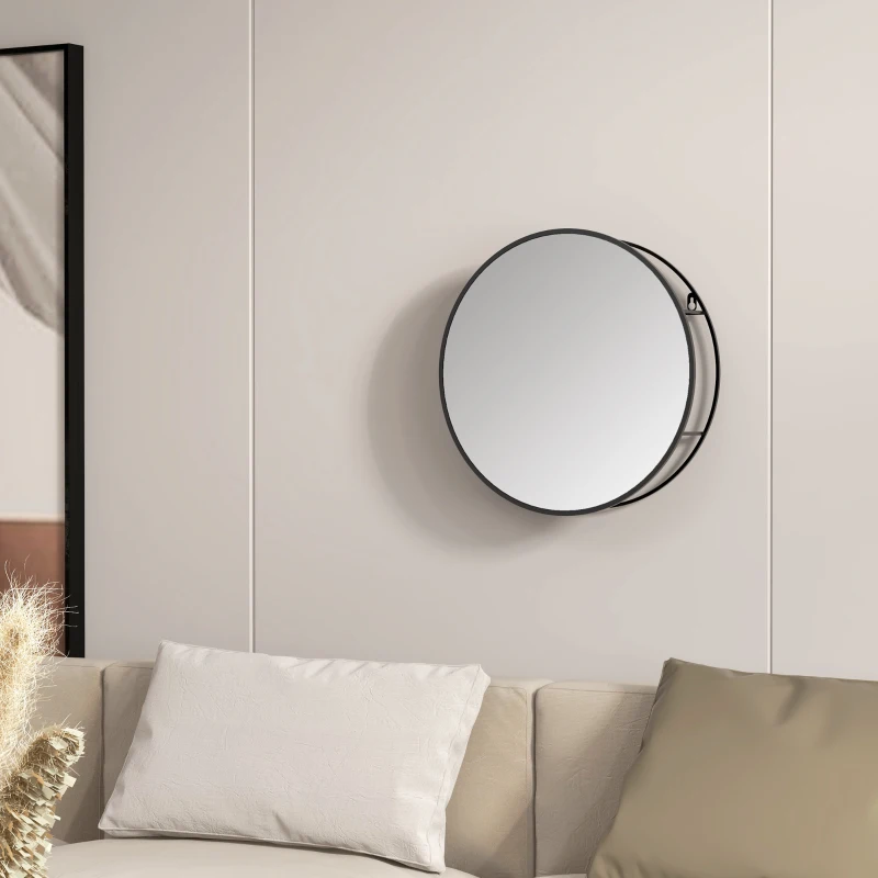 HOMCOM Miroir mural rond avec 2 étagères de rangement pour salle de bain, cadre en métal noir, diamètre de 50 cm
