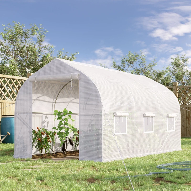 Outsunny Serre tunnel de jardin 8m², serre de jardin tunnel avec 2 portes et 6 fenêtres, bâche PE 140g/m² 400x200x200cm blanc