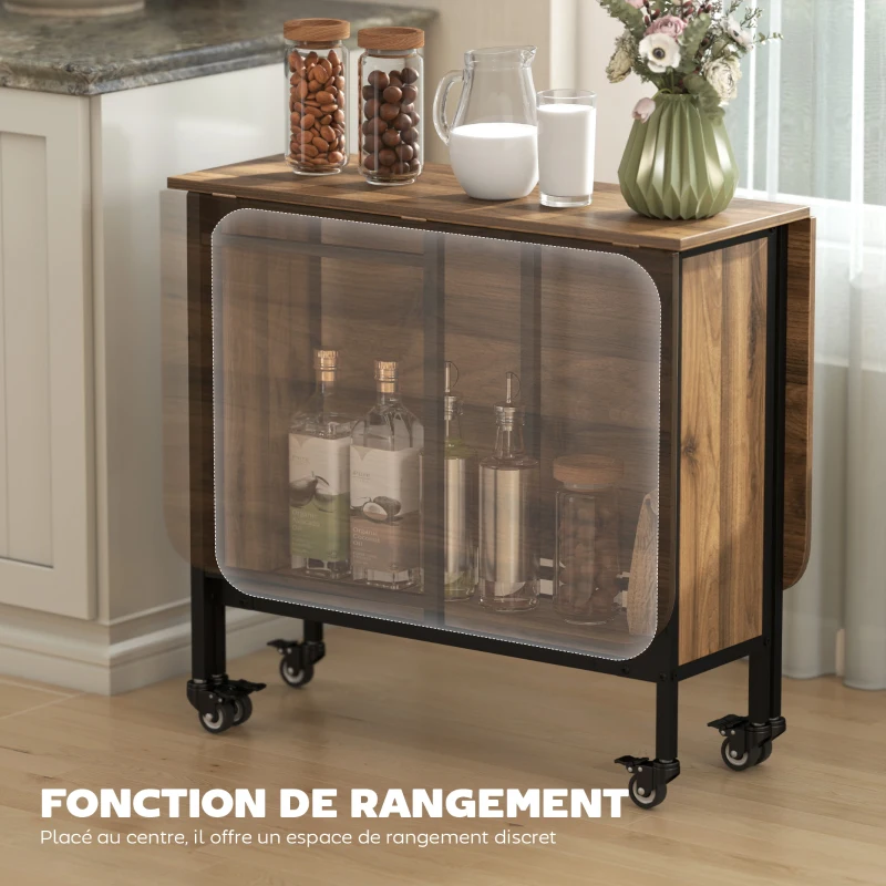 HOMCOM Table à manger pliante sur roulettes, table de cuisine pour 6 personnes avec étagère intégrée, 130 x 80 x 74 cm, marron