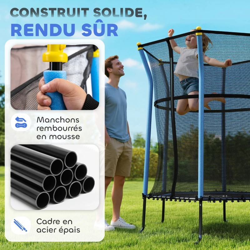 HOMCOM Trampoline pour enfant Ø 1,63 x 1,9 m filet de sécurité porte zippée 6 poteaux rembourrés inclus bleu noir