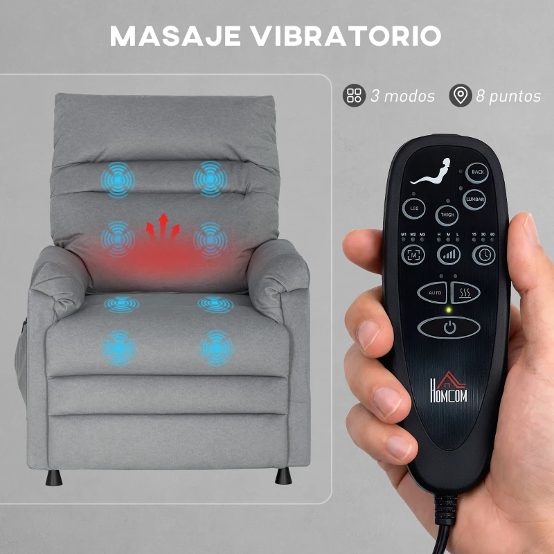 HOMCOM Sillón Relax Reclinable Eléctrico con Calor Lumbar Masaje Vibración Motor Silencioso Función de Memoria Gris