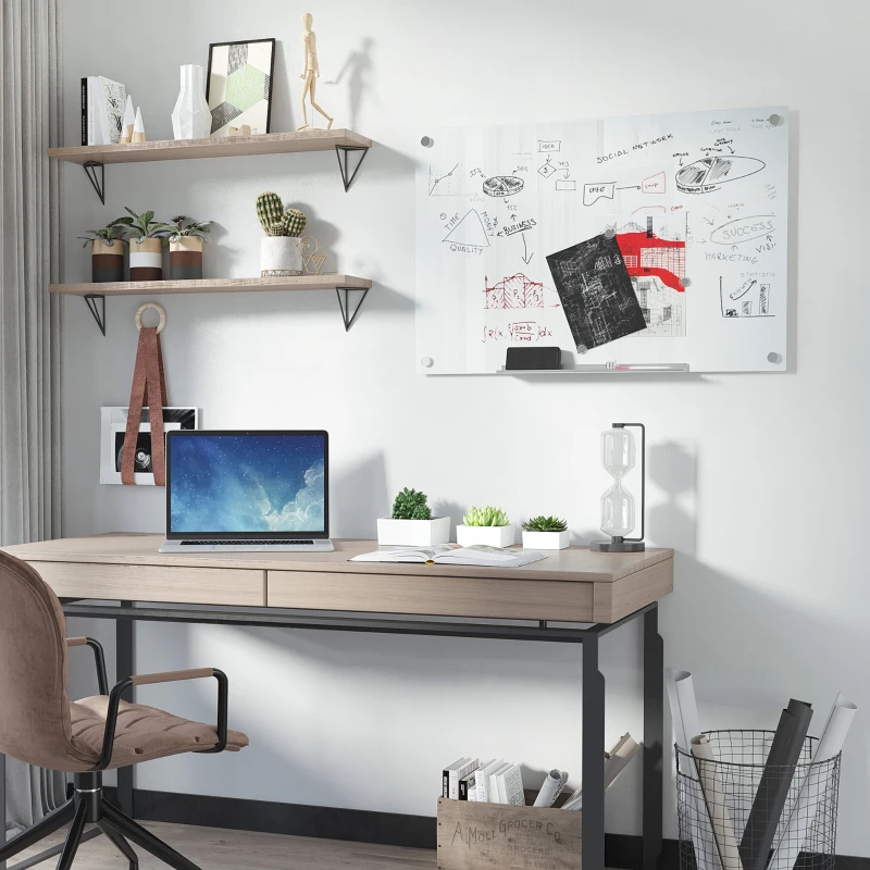 Vinsetto Tableau blanc en verre avec plateau mural sans cadre avec 4 marqueurs et tampon effaceur 90 x 60 cm blanc