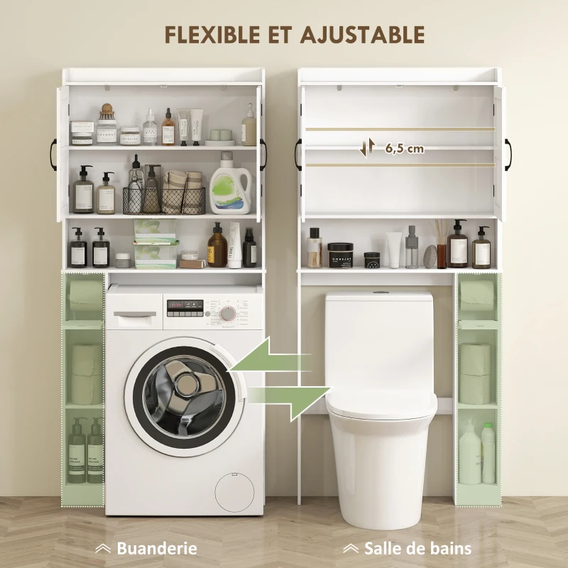 HOMCOM Meuble WC dessus de toilette meuble salle de bain avec placard à porte double et porte-papier 80x19,5x170cm blanc