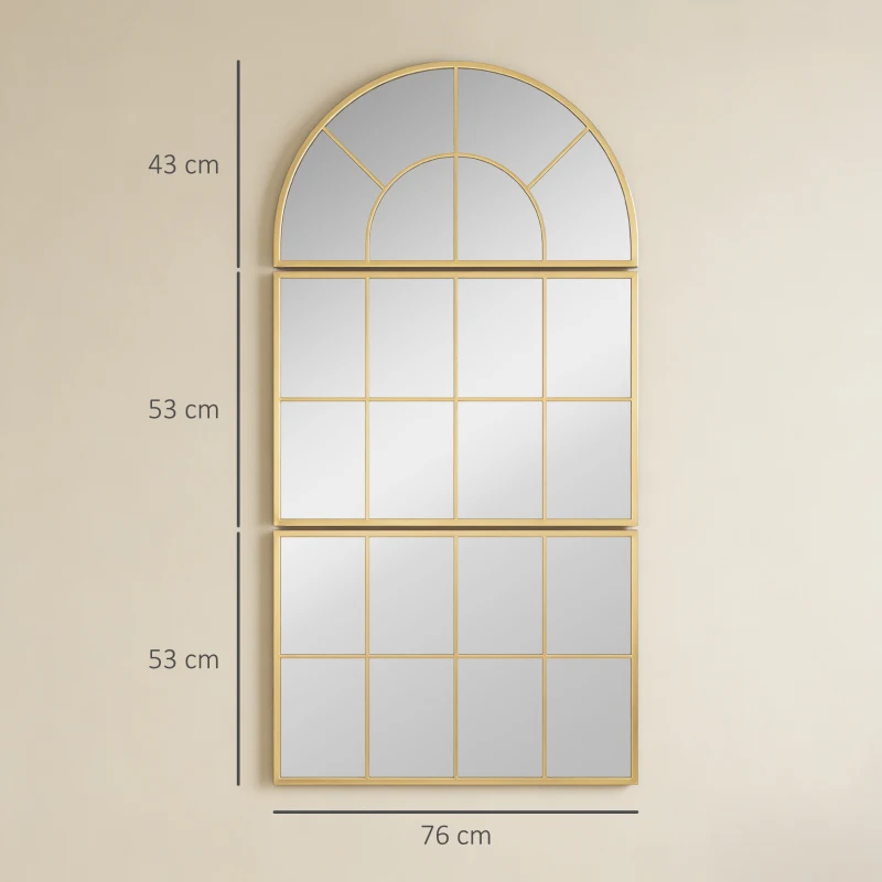 HOMCOM Miroir mural arqué miroir mural en forme de fenêtre ensemble de 3 pièces cadre en métal 76 x 150 cm doré
