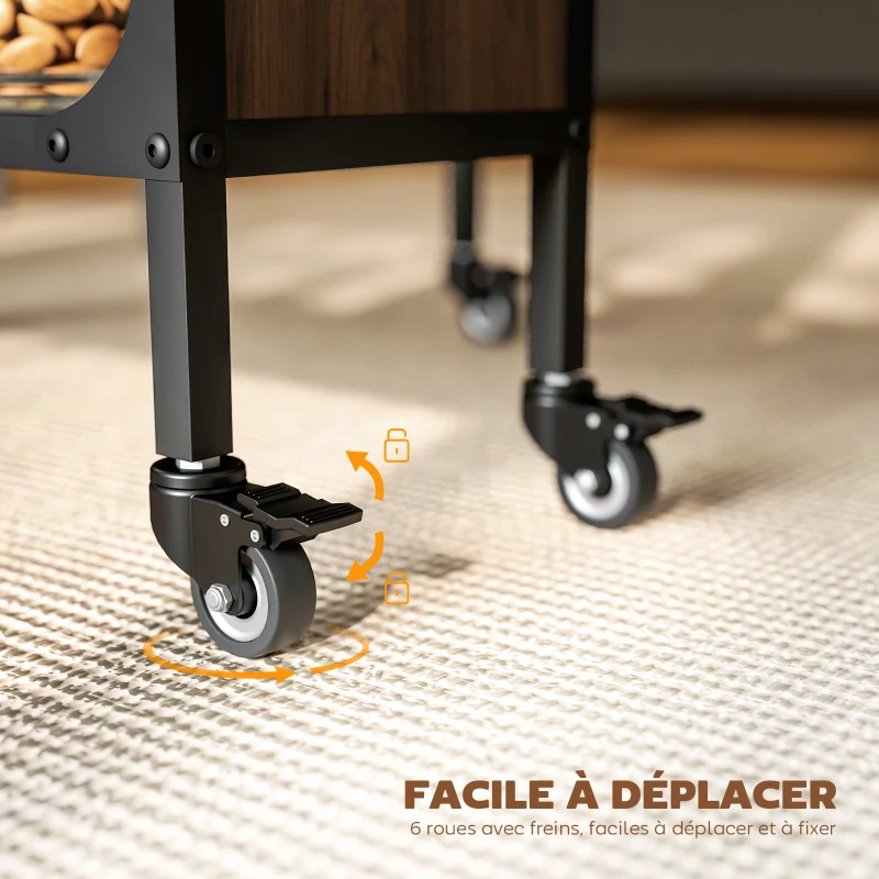 HOMCOM Table à manger pliante sur roulettes, table de cuisine pour 6 personnes avec étagère intégrée, 130 x 80 x 74 cm, marron