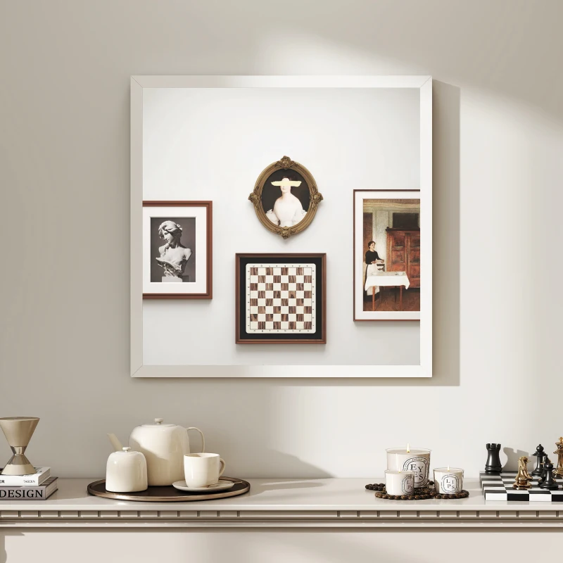 HOMCOM Miroir mural carré 50 x 50 cm, cadre en bois blanc, idéal pour la salle de bain, salon ou chambre