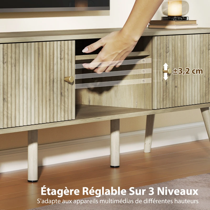 HOMCOM Meuble TV, meuble télé jusqu'à 65 pouces avec 2 portes, 2 compartiments ouverts, étagère réglable, 140x35x49cm, chêne