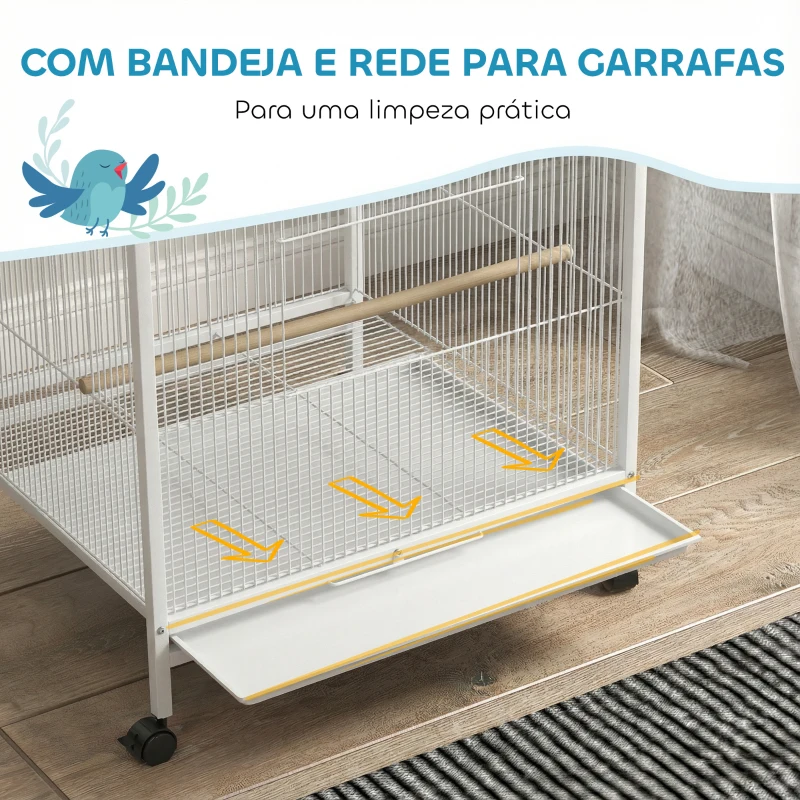 PawHut Gaiola para Pássaros com Rodas Poleiros Baloiço Bandeja Removível e Tigelas de Aço Inoxidável 48x46x78 cm Branco