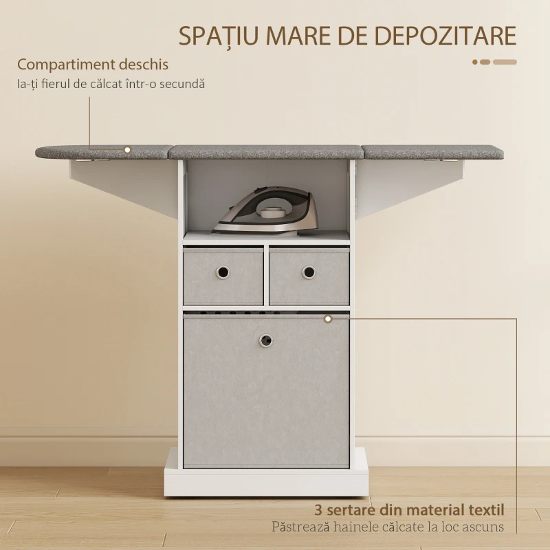 HOMCOM Dulap cu Masă de Călcat Pliabilă Economisire Spațiu, Multifuncțional cu 3 Sertare din Material Textil cu Aspect de In, Roți cu Frână, Raft Deschis, pentru Spălătorie și Baie, 121x37x89.5 cm, Alb