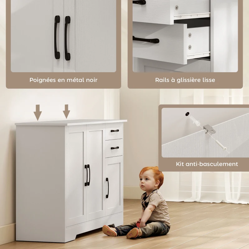 HOMCOM Buffet, meuble de rangement avec 3 portes, 2 tiroirs et étagère réglable, 120 x 38 x 79 cm, blanc