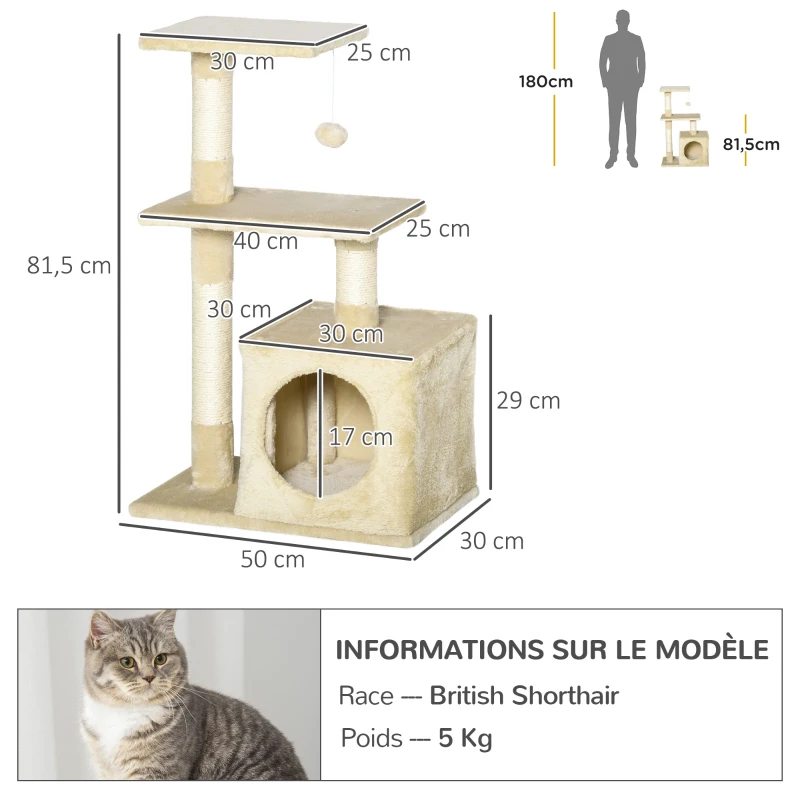 PawHut Arbre à chat tour de jeux pour chats poteaux en sisal, 2 plate-forme, niche, balle, tissu peluche, 50x30x81,5cm, beige