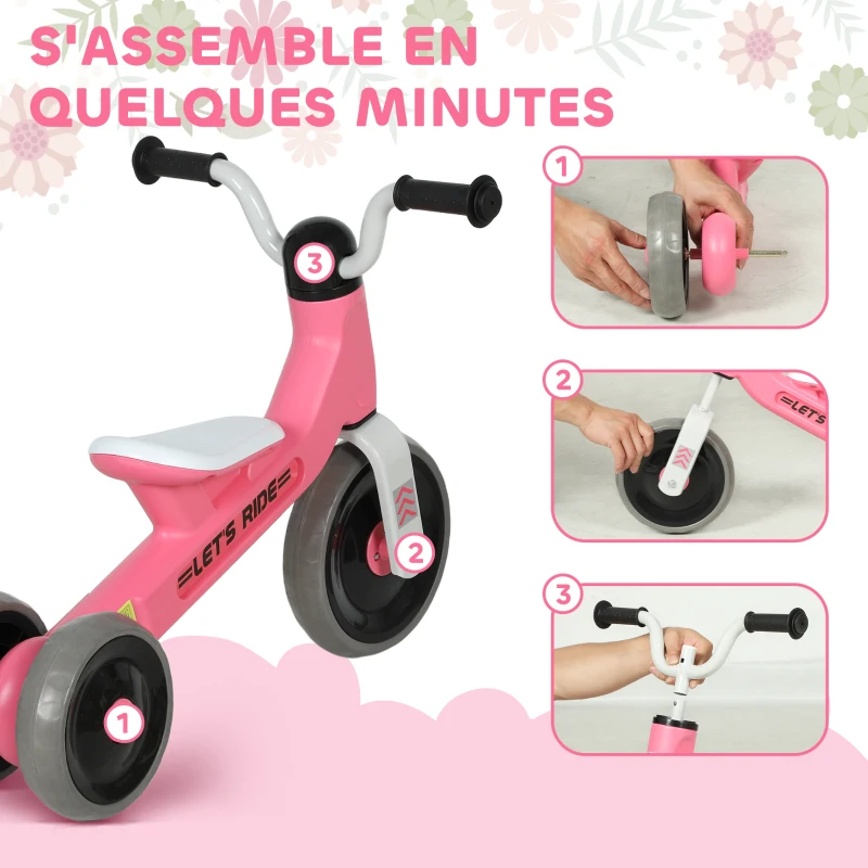 AIYAPLAY Draisienne bébé 1-3 ans jusqu'à 20 kg, vélo enfants sans pédale, 3 roues silencieuses, 69 x 40 x 49 cm, rose