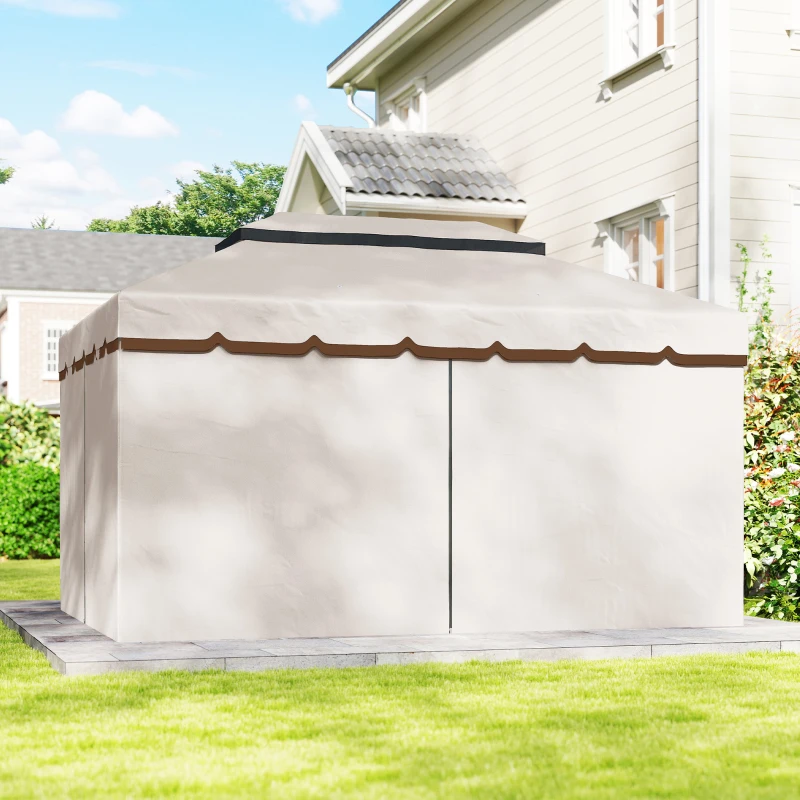 Outsunny Pérgola de Jardim 390x290x270 cm com 4 Cortinas Laterais 4 Telas Mosquiteiras e 8 Orifícios de Drenagem Creme