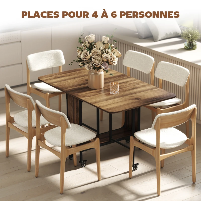 HOMCOM Table à manger pliante sur roulettes, table de cuisine pour 6 personnes avec étagère intégrée, 130 x 80 x 74 cm, marron
