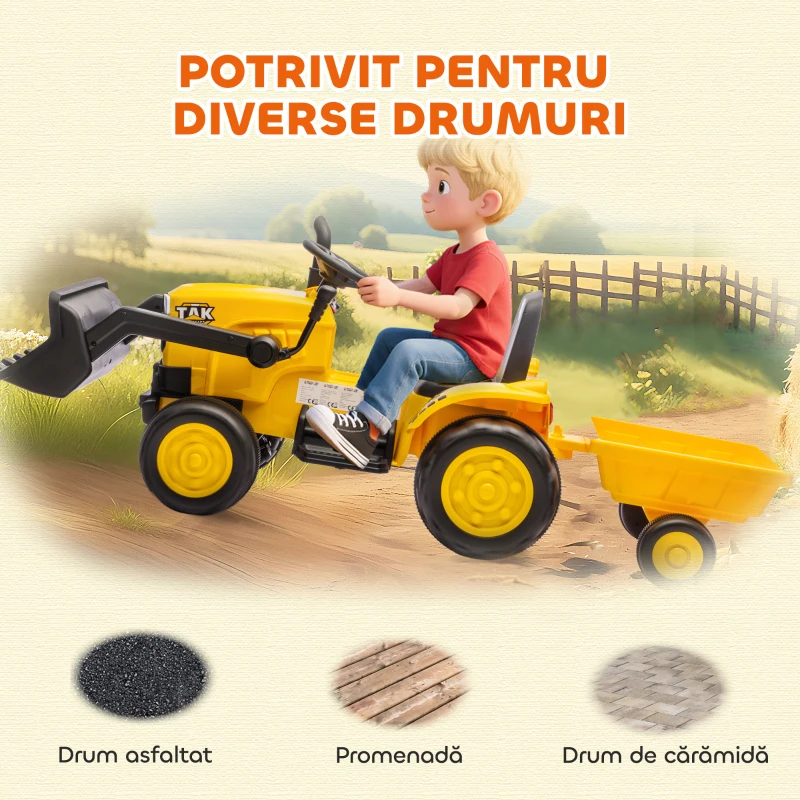 AIYAPLAY Excavator Electric pentru Copii 12V cu 2 Motoare, Telecomandă, USB, Lumini și Muzică, 3-8 Ani, Galben