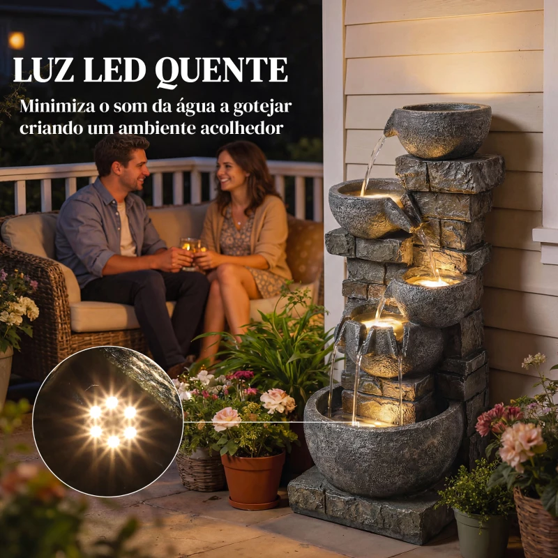 Outsunny Fonte de Jardim com Luzes LED e Bomba Fonte Decorativa em Cascata de 5 Níveis 34x36x80 cm Multicolor