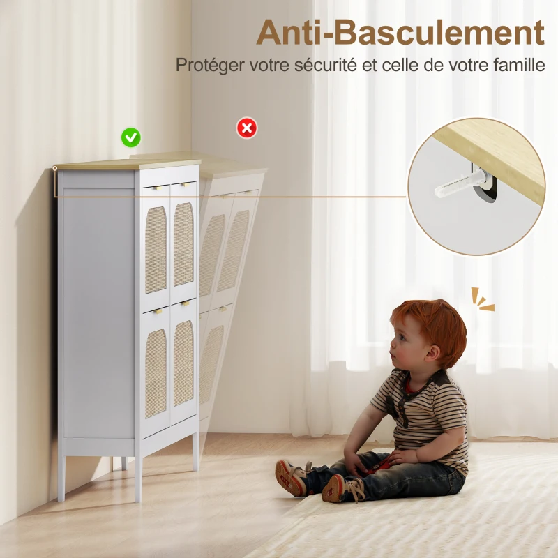 HOMCOM Meuble à chaussures 20 paires bohème avec 4 tiroirs rabattables, portes effet cannage rotin, 105 x 24 x 95,5 cm, blanc(m-7)