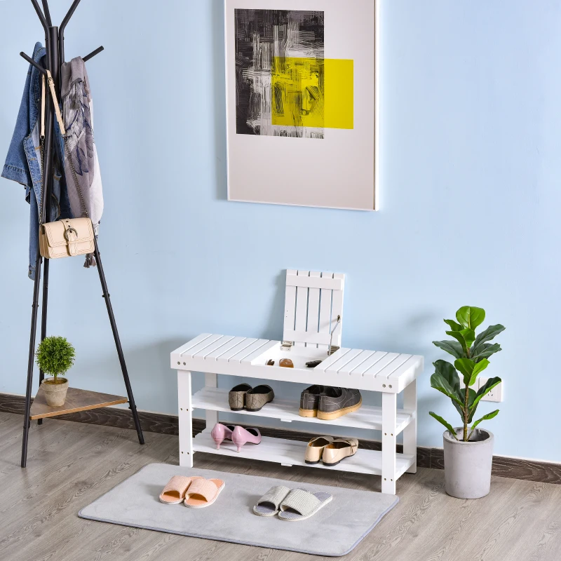 HOMCOM Banc à chaussures en bois à 3 niveaux avec étagère de rangement et compartiment caché, 90 x 29 x 45 cm, blanc