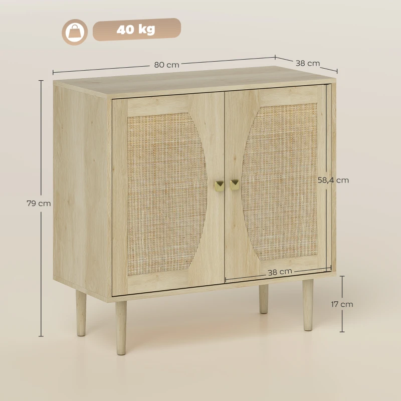 HOMCOM Buffet de cuisine meuble de rangement double portes avec 2 niveaux, façade en cannage 80 x 38 x 79 cm effet bois naturel