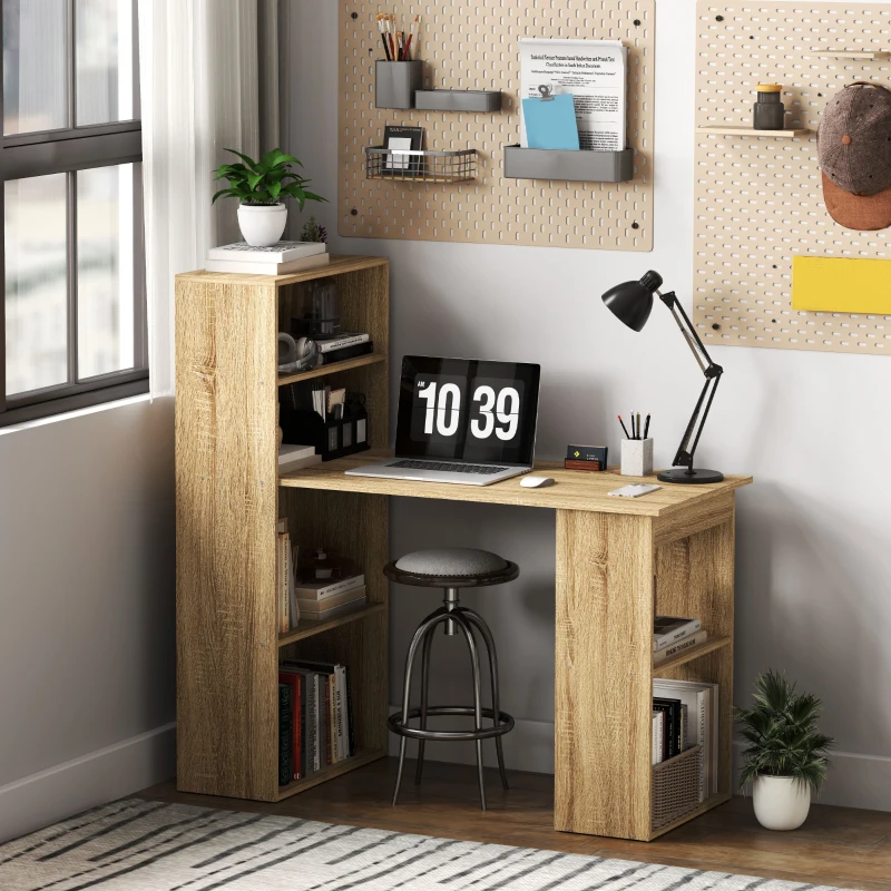 HOMCOM Bureau Informatique avec étagère de rangement Bureau d'angle bibliothèque adjacente Multi-rangements Chêne