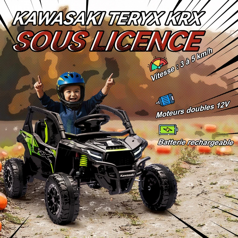 AIYAPLAY Voiture électrique enfant UTV KAWASAKI TERYX KRX 1000 12 V à 2 moteurs 25 W télécommande 2,4 Ghz 100 x 64 x 56 cm noir