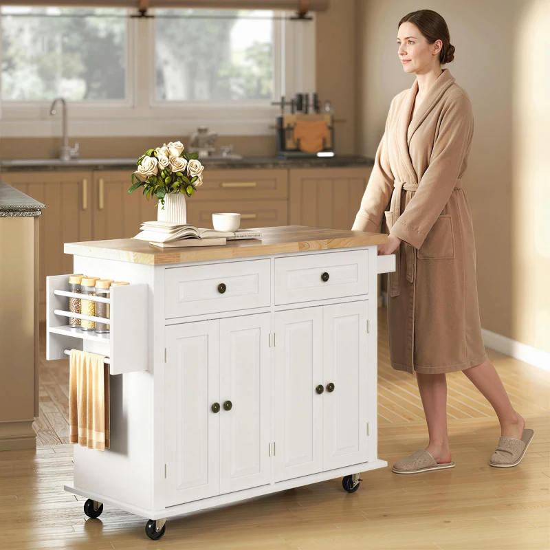 HOMCOM Desserte ilôt de cuisine multi rangements 2 tiroirs 2 placard 2 portes avec étagère range-bouteille porte-torchons et étagère réglable MDF blanc hévéa