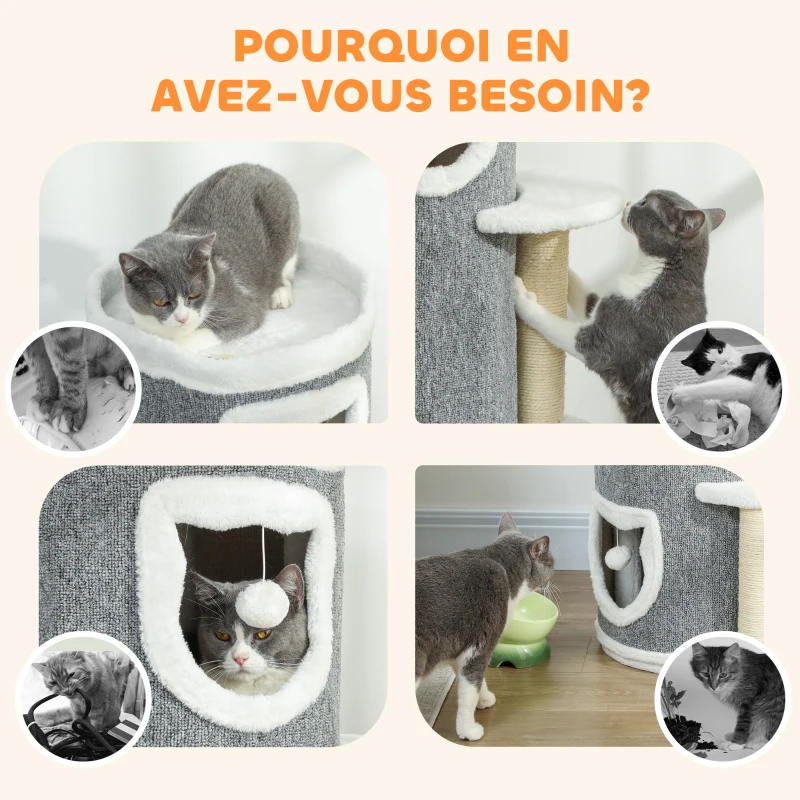 PawHut Tour pour chat à 4 niveaux arbre à chat stable avec griffoirs en sisal et bord en peluche 2 plateformes 50x36x101cm gris