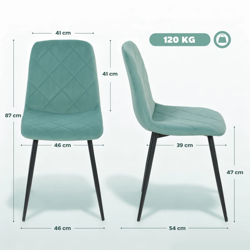 HOMCOM Lot de 4 chaises de salle à manger rembourrées avec dossier haut, pieds en acier et tissu effet velours, vert
