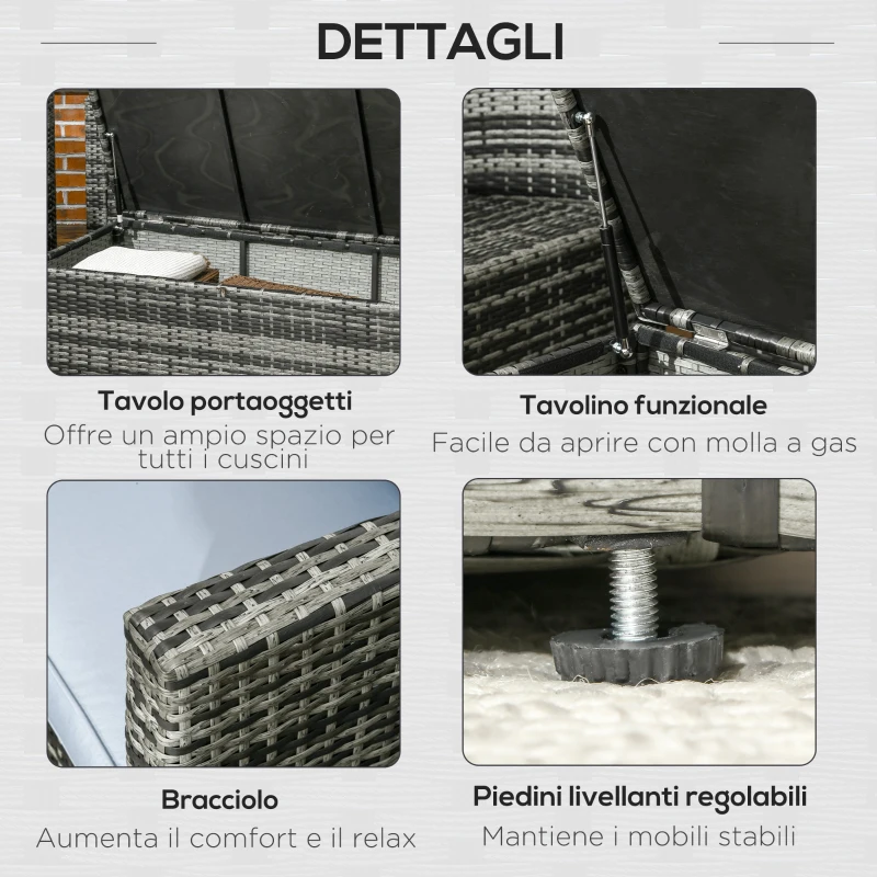 Outsunny Set da Esterno 6 Pezzi con 2 Tavolini Contenitore, 2 Divani e 2 Poltrone, in Rattan e Acciaio, Grigio