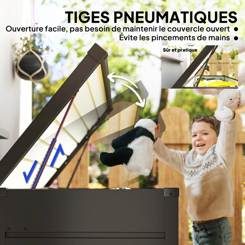 Outsunny Coffre de rangement exterieur XXL 311L coffre de jardin acier galvanisé verrouillable vérin à gaz 120x62x62cm gris foncé