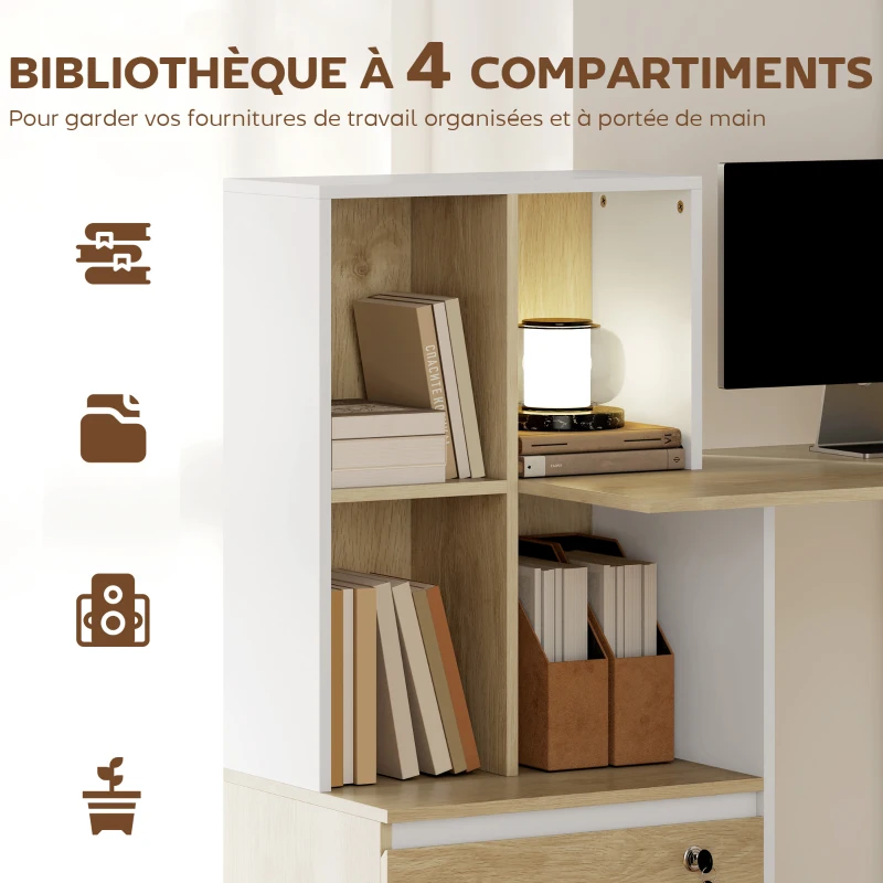 HOMCOM Bureau d'ordinateur avec bibliothèque 4 compartiments et tiroir verrouillable, 126 x 50 x 109 cm, chêne et blanc