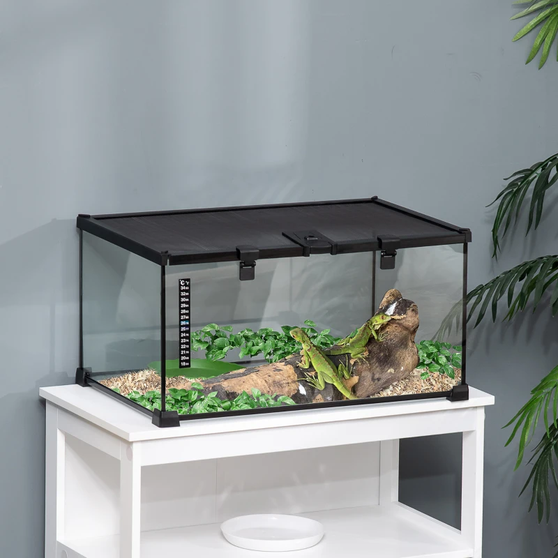 PawHut Boîte à reptiles boîte d'élevage de reptiles habitat de terrarium transparent couvercle coulissant treillis métallique distributeur d'eau thermomètre inclus verre métal 50x30x25 cm noir