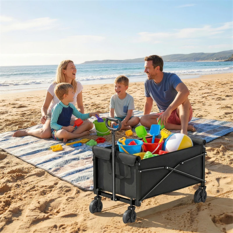 Outsunny 81L Festivalwagen auf Rädern, kompakter faltbarer Gartenwagen mit verstellbarem Griff, Schwarz