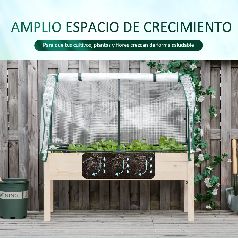 Outsunny Huerto Urbano Elevado de Madera 121x55x117 cm con Cubierta de Protección Mesa de Jardinera para Cultivo Flores Vegetales en Jardín Terraza Color Natural
