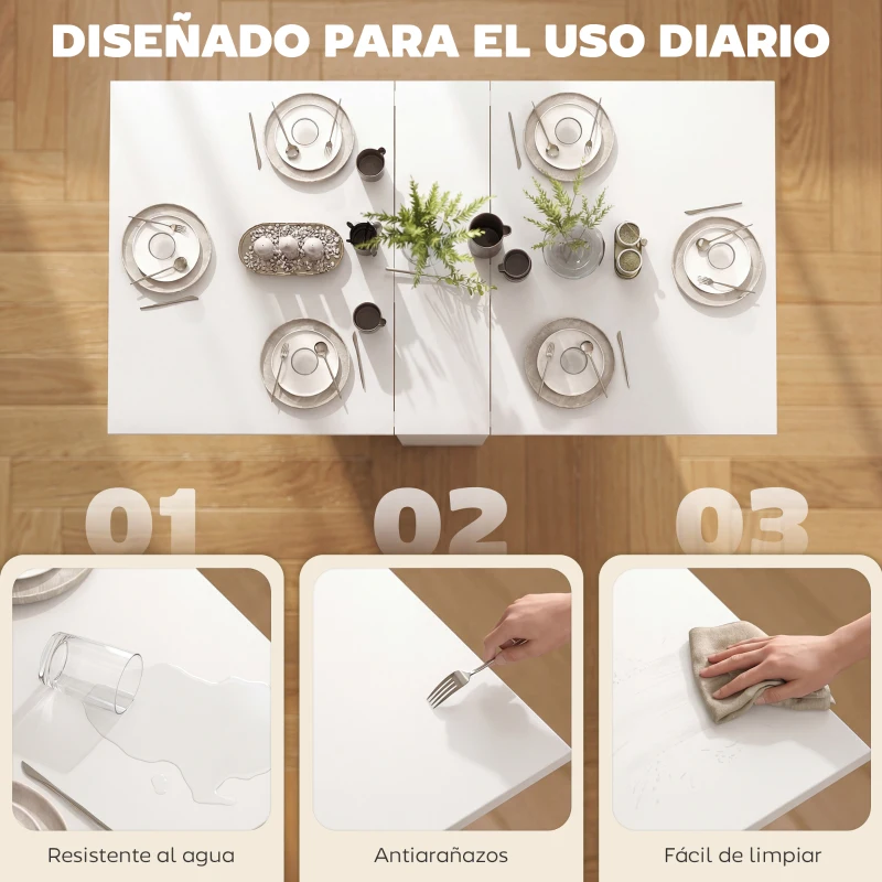 HOMCOM Mesa Plegable de Comedor con Ruedas Alas Abatibles y Estantes para 4-6 Personas 75x140x74 cm Blanco