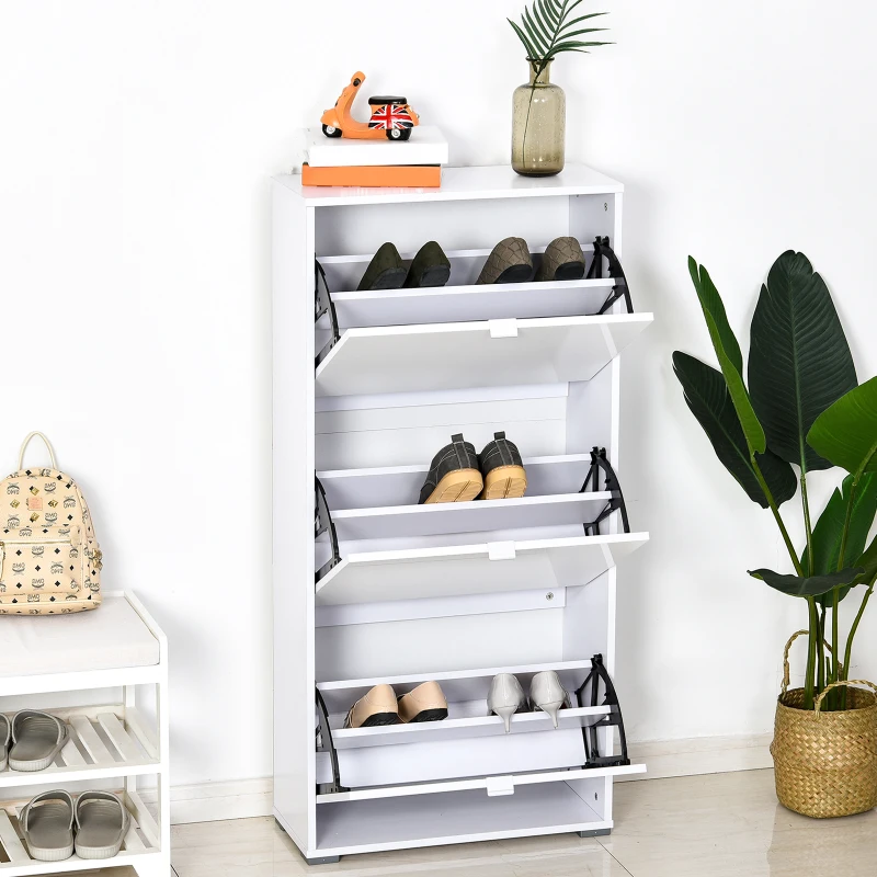 HOMCOM Meuble à Chaussures Armoire à chaussures 3 Portes abattantes 3 Compartiments en bois 60L x 26I x 124H cm Blanc laqué