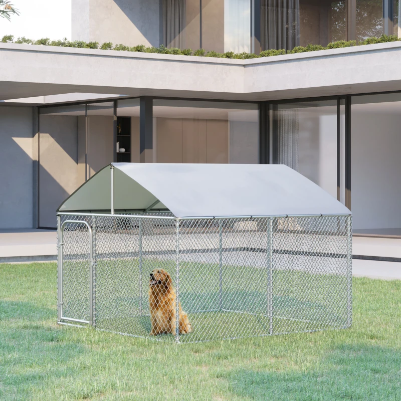 PawHut Chenil extérieur avec toit pour chien 5 m² parc grillagé espace couvert acier galvanisé 230 x 230 x 175 cm