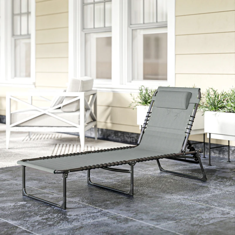 Outsunny Ligstoel, inklapbaar, ademende bekleding, metalen frame, 189 x 58 x 30 cm, Lichtgrijs