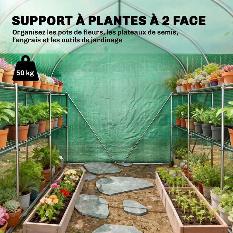 Outsunny Serre tunnel de jardin 6m², serre de jardin avec étagères, porte et 6 fenêtres, cadre en acier galvanisé, vert