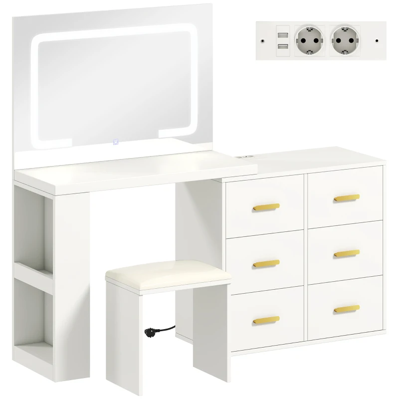 HOMCOM Coiffeuse avec miroir et tabouret, table de maquillage avec éclairage LED réglable, 6 tiroirs, 118 x 78 x 135 cm, blanc