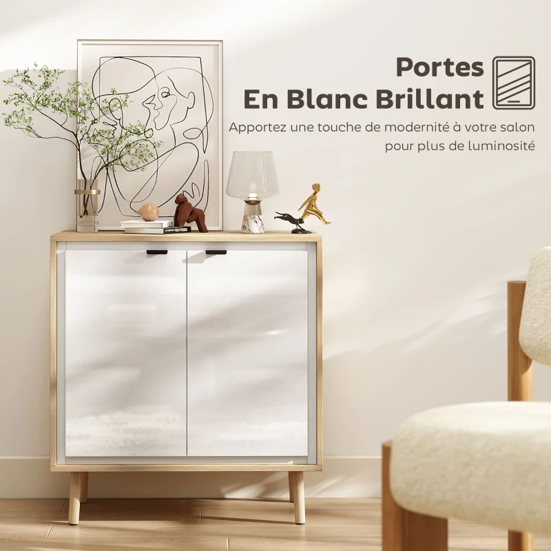 HOMCOM Buffet à haute brillance, meuble de rangement avec double porte, étagère réglable, 72 x 35 x 77 cm, blanc et chêne