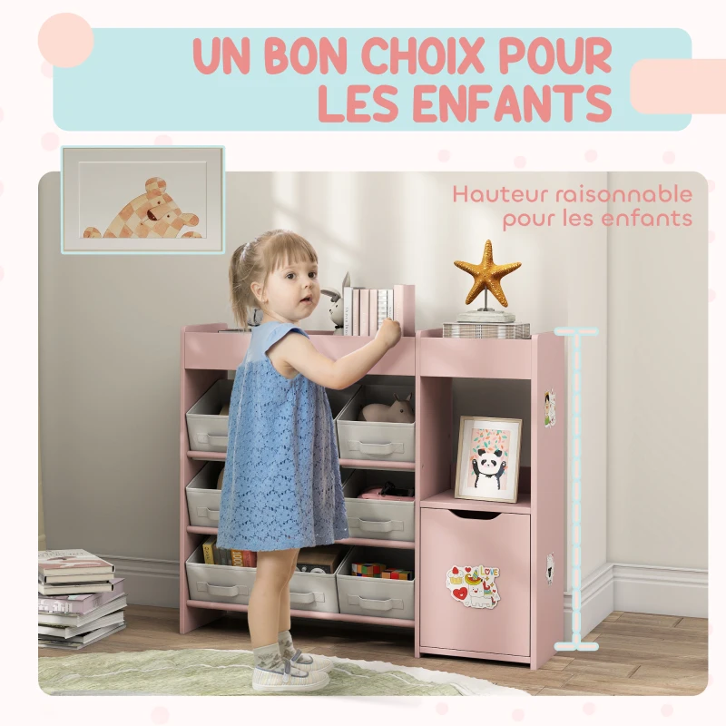 AIYAPLAY Meuble rangement enfant étagère de rangement pour jouets enfants avec 9 tiroirs en tissu et placard, rose