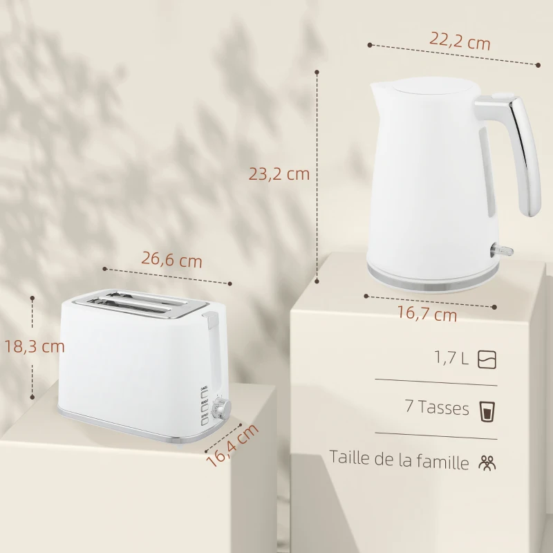 HOMCOM Ensemble bouilloire et grille-pain, bouilloire en acier 1,7 L et 2200 W et grille-pain à 2 tranches, blanc
